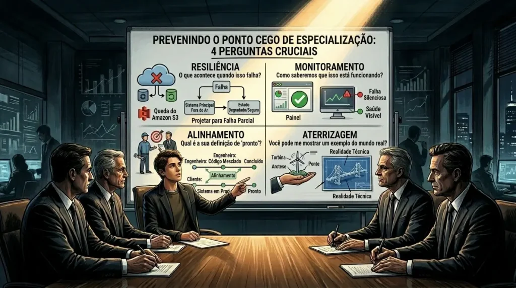 Infográfico em um quadro branco intitulado "Prevenindo o Ponto Cego de Especialização: 4 Perguntas Cruciais". O quadro está dividido em quatro quadrantes: Resiliência (o que acontece na falha), Monitoramento (saúde do sistema), Alinhamento (definição de pronto) e Aterrizagem (exemplos do mundo real). Um jovem explica esses conceitos para executivos em uma sala de reunião.