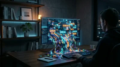 Ilustração conceitual de um monitor de computador transbordando uma lama digital viscosa e colorida com as palavras SMOG e ERROR, representando o fenômeno do AI Slop e a poluição de dados sintéticos.