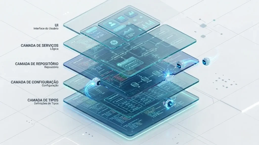 iagrama isométrico mostrando agentes de IA navegando por camadas de arquitetura de software (Services, UI, Config).