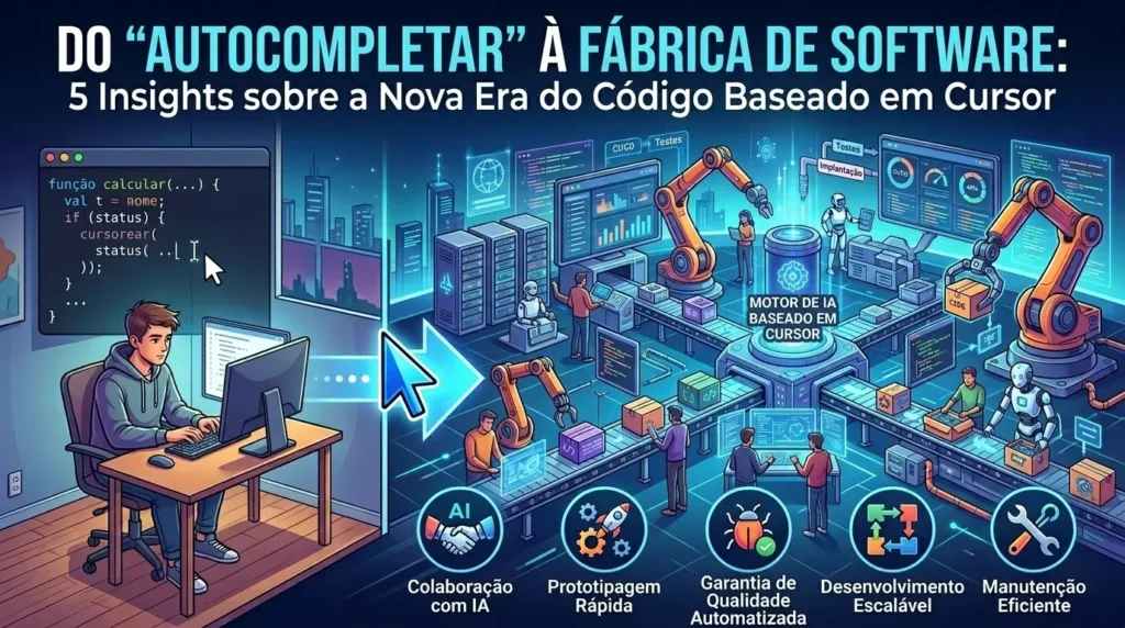 Imagem de capa com o título: 'Do Autocompletar à Fábrica de Software: 5 Insights sobre a Nova Era do Código Baseado em Cursor'. A ilustração é dividida ao meio. À esquerda, um desenvolvedor programa manualmente em um ambiente escuro. Um grande cursor azul aponta para a direita, revelando uma fábrica futurista iluminada, onde robôs e humanos orquestram servidores e linhas de montagem ao redor de um 'Motor de IA baseado em Cursor'. Na base, cinco ícones destacam benefícios: Colaboração com IA, Prototipagem Rápida, Garantia de Qualidade Automatizada, Desenvolvimento Escalável e Manutenção Eficiente.