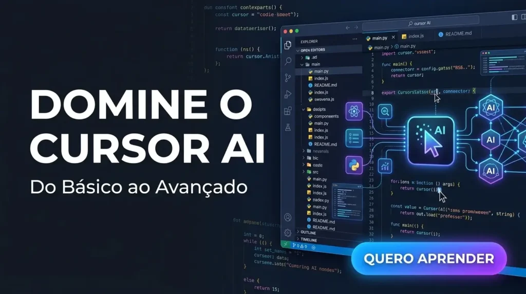 Banner promocional para um curso ou guia sobre como "DOMINE O CURSOR AI: Do Básico ao Avançado". A imagem exibe o texto principal em destaque, sobreposto a uma interface de desenvolvimento (IDE) do Cursor AI com código Python e JavaScript, ilustrando a assistência de IA e um botão de ação "QUERO APRENDER".