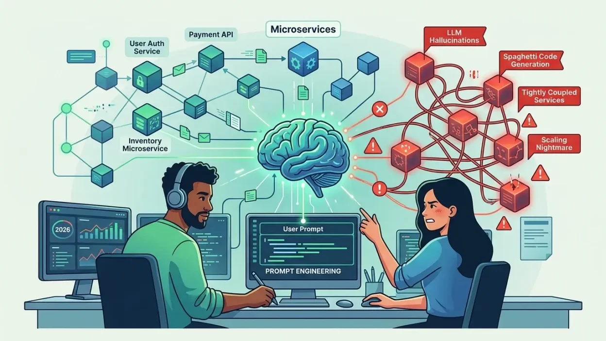 Diagrama comparativo ilustrando o impacto da engenharia de prompt e microserviços. Um desenvolvedor utiliza prompt engineering para uma arquitetura de microserviços organizada e eficiente, enquanto outra enfrenta problemas como alucinações de LLM e código espaguete devido à falta de rigor.