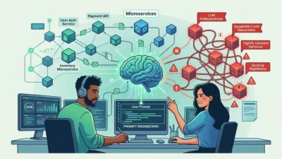 Diagrama comparativo ilustrando o impacto da engenharia de prompt e microserviços. Um desenvolvedor utiliza prompt engineering para uma arquitetura de microserviços organizada e eficiente, enquanto outra enfrenta problemas como alucinações de LLM e código espaguete devido à falta de rigor.