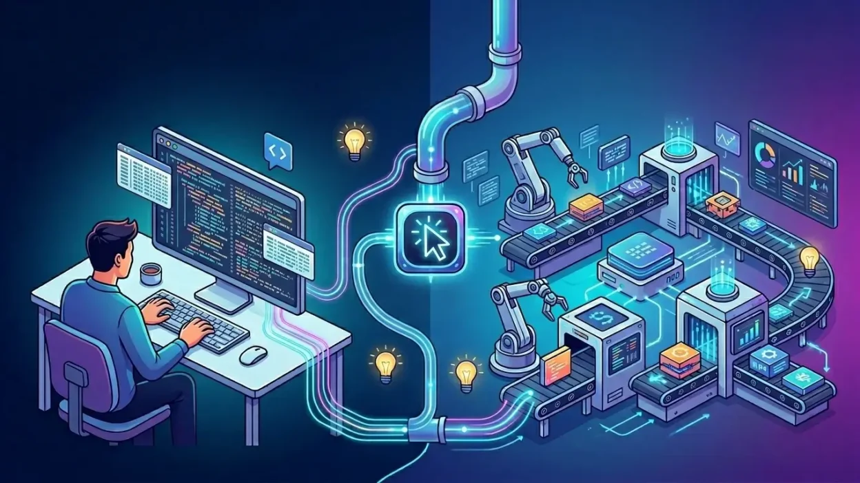 Ilustração digital dividida em duas partes: à esquerda, um desenvolvedor programando em um computador; à direita, uma fábrica de software automatizada operada por braços robóticos em esteiras. No centro, um ícone brilhante de cursor conecta os dois mundos através de tubulações de dados, representando a transição da programação manual para a orquestração com agentes de IA no Cursor IDE.