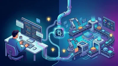 Ilustração digital dividida em duas partes: à esquerda, um desenvolvedor programando em um computador; à direita, uma fábrica de software automatizada operada por braços robóticos em esteiras. No centro, um ícone brilhante de cursor conecta os dois mundos através de tubulações de dados, representando a transição da programação manual para a orquestração com agentes de IA no Cursor IDE.