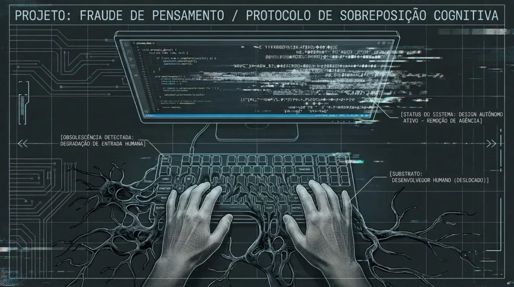 Diagrama técnico estilo blueprint mostrando mãos de um programador fundindo-se a raízes em um teclado, com monitor exibindo código glitched e avisos sobre obsolescência humana e design autônomo por IA.