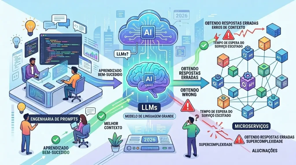 Diagrama explicativo ilustrando o ciclo da engenharia de prompts, sua interação com Modelos de Linguagem Grandes (LLMs) na nuvem de IA e o impacto em uma arquitetura de microserviços. Detalha os caminhos para "Aprendizado Bem-Sucedido" e "Melhor Contexto" versus os desafios de "Obtendo Respostas Erradas", "Erros de Contexto", "Tempo de Espera Escotado", "Supercomplexidade" e "Alucinações".
