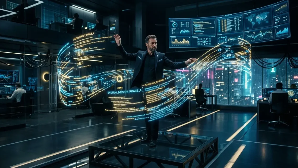 Um engenheiro de software atuando como um maestro orquestrando fluxos de código digital em um ambiente futurista.