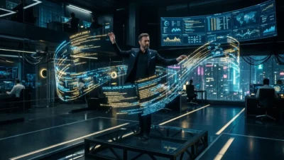 Um engenheiro de software atuando como um maestro orquestrando fluxos de código digital em um ambiente futurista.