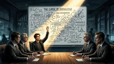 Ilustração conceitual de uma sala de reunião onde executivos seniores observam um quadro branco repleto de diagramas complexos e confusos intitulado "The Curse of Knowledge". No centro, um jovem com "mente de iniciante" levanta a mão, destacado por um feixe de luz que simboliza clareza e a coragem de questionar a complexidade excessiva.
