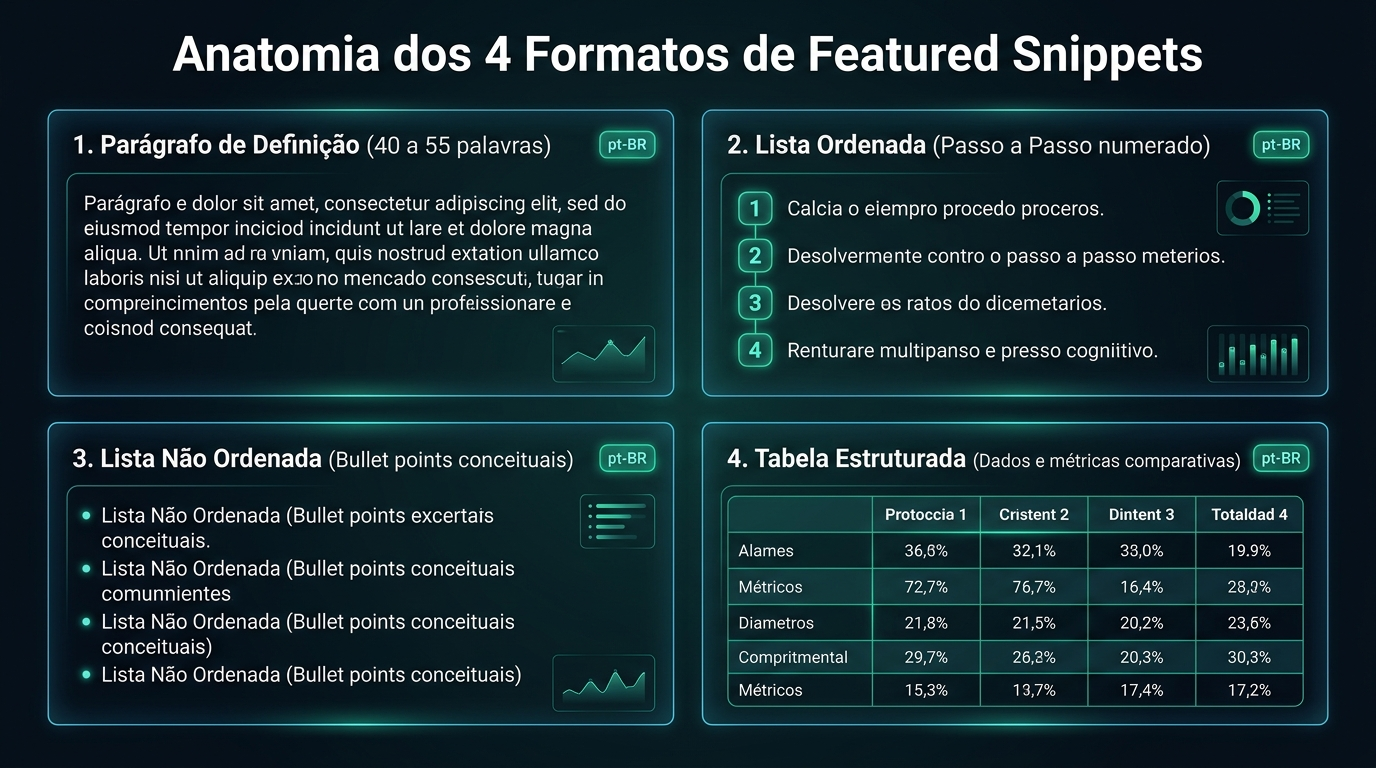 Infográfico técnico detalhando a anatomia dos 4 formatos fundamentais de Featured Snippets para AEO