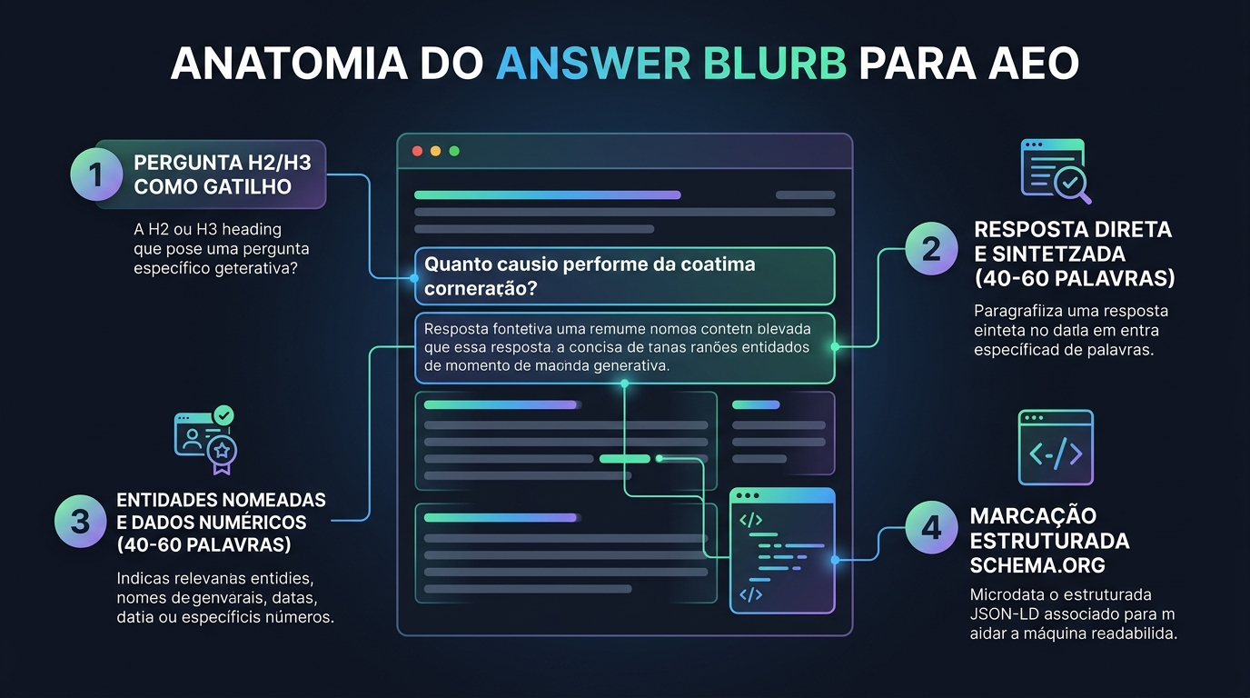 Infográfico de arquitetura de conteúdo detalhando a anatomia estrutural de um Answer Blurb para AEO e AI Overviews