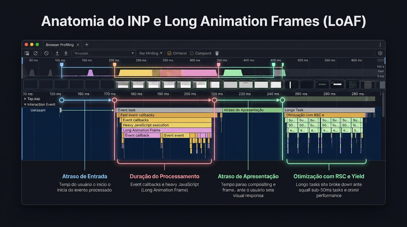 Infográfico de profiling do navegador detalhando as três fases do INP e a fragmentação de Long Animation Frames