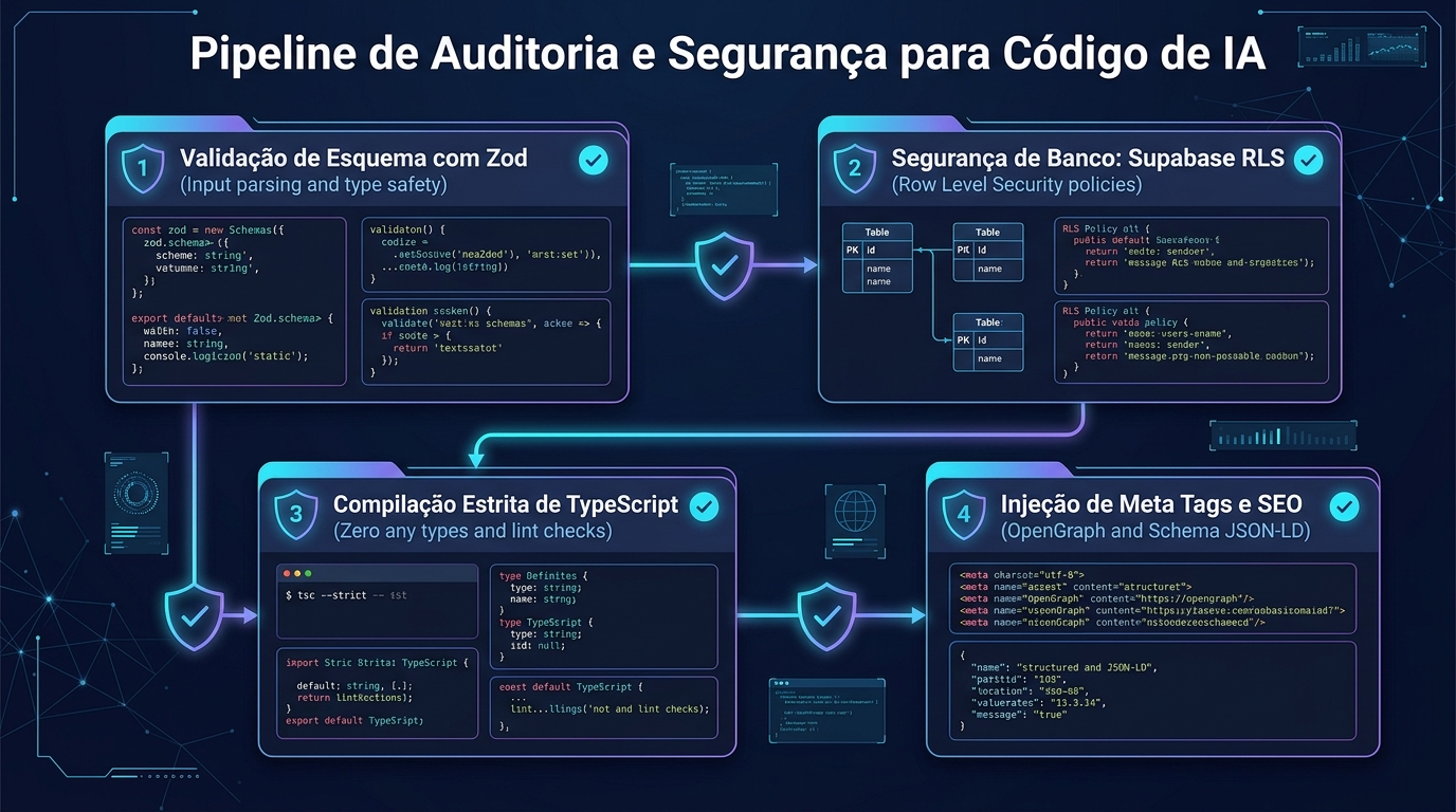Infográfico técnico demonstrando o pipeline de auditoria de segurança em 4 etapas para software gerado por IA