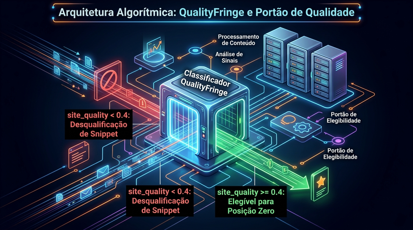 Diagrama de arquitetura algorítmica demonstrando o classificador QualityFringe e o filtro de corte site_quality de 0.4