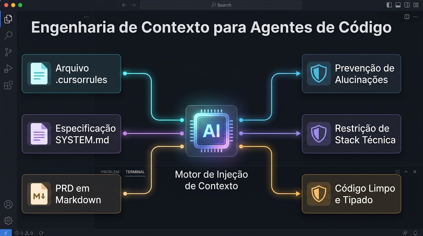 Diagrama de engenharia de contexto para agentes de código demonstrando como arquivos cursorrules e SYSTEM.md blindam o projeto contra alucinações