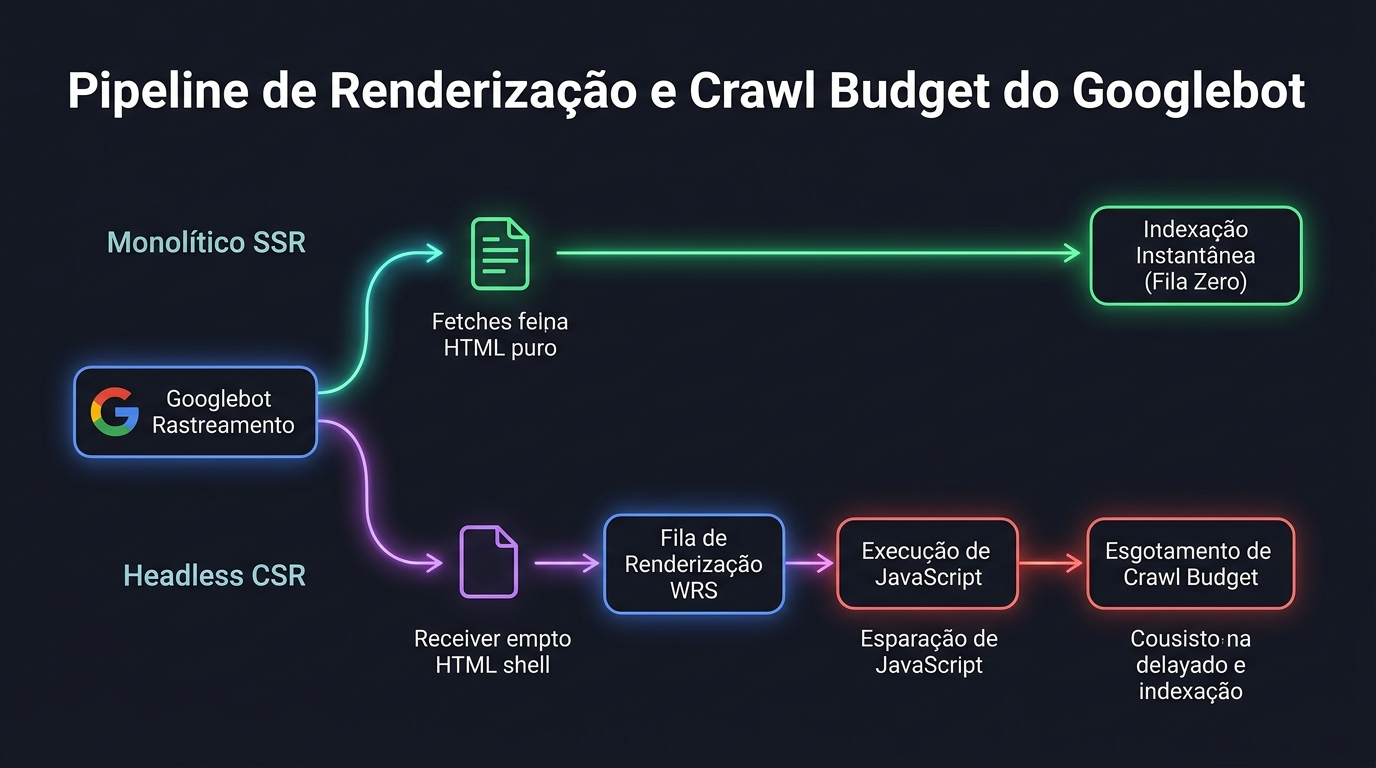 Diagrama técnico de fluxo do pipeline de renderização e consumo de crawl budget do Googlebot comparando Monolítico e Headless
