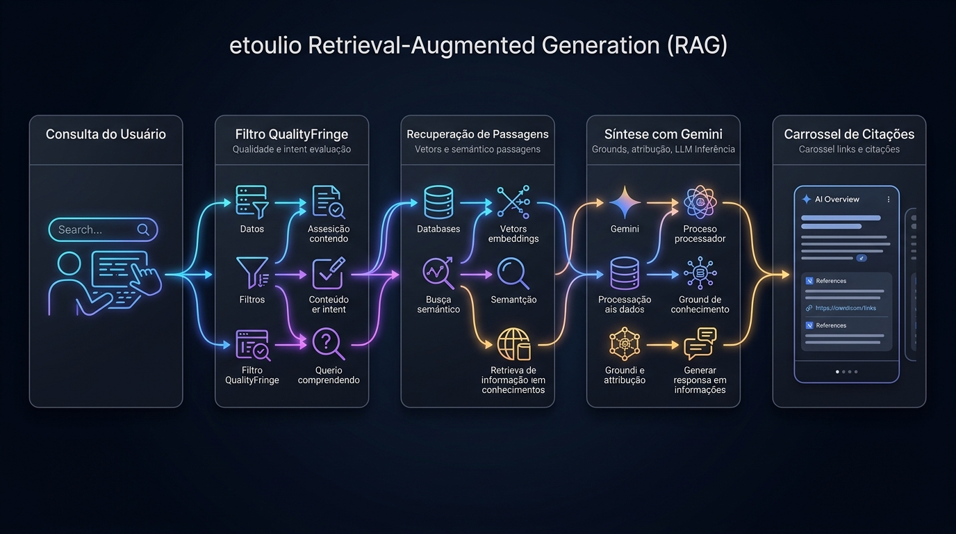 Diagrama arquitetural do pipeline de busca por IA do Google demonstrando fluxo RAG e classificação com Gemini