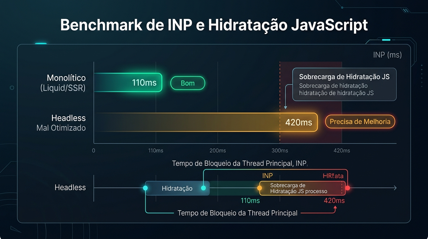 Gráfico analítico comparando o tempo de INP e sobrecarga de hidratação JavaScript entre lojas Monolíticas e Headless