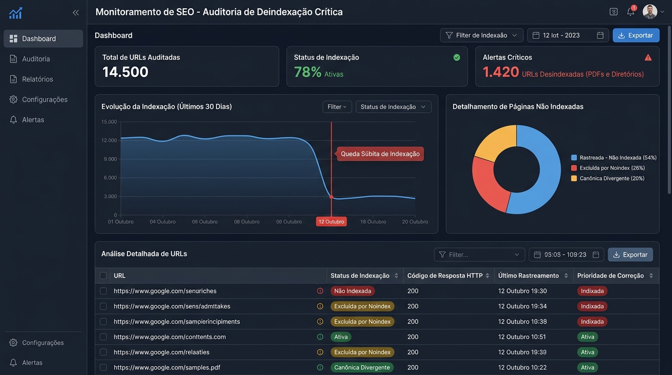 Dashboard Analítico de Auditoria de Desindexação Crítica e Alertas