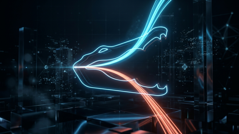 Visualização conceitual em 3D do Efeito Crocodilo representando a divergência entre impressões e cliques nas AI Overviews do Google