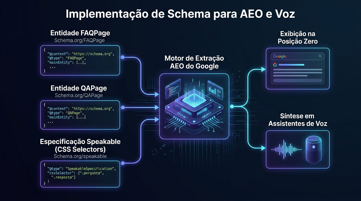 Diagrama de fluxo arquitetural da implementação de Schema.org avançado integrando FAQPage, QAPage e SpeakableSpecification