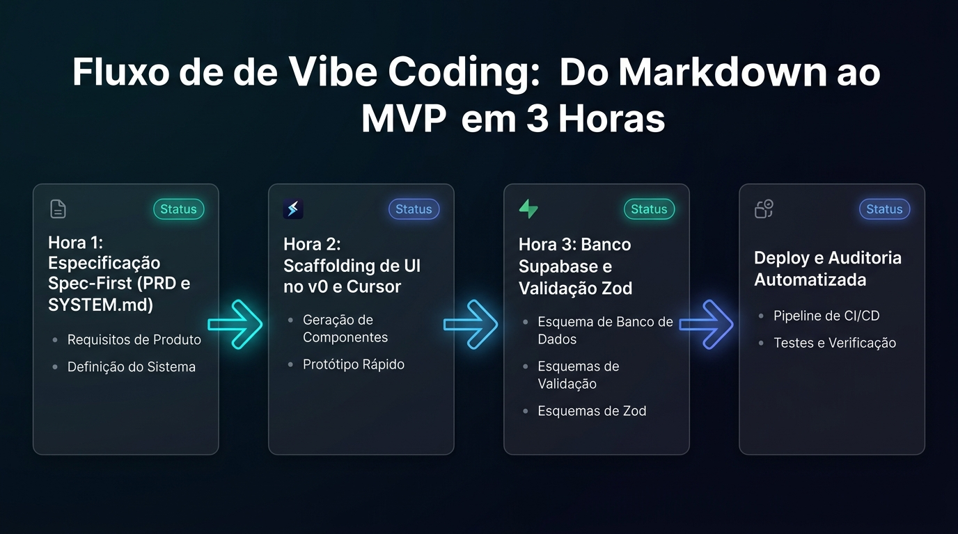 Diagrama de fluxo técnico da metodologia de Vibe Coding demonstrando o passo a passo da especificação ao MVP em 3 horas