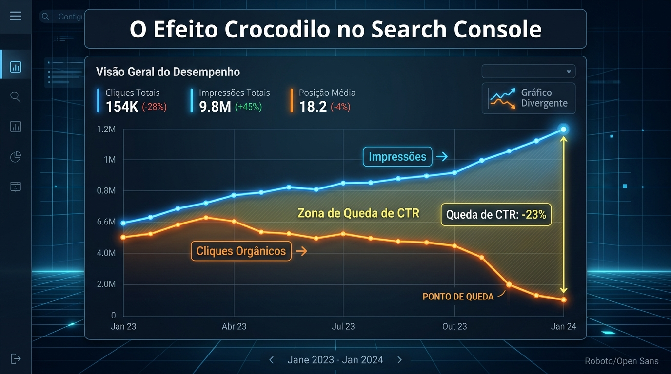 Painel analítico do Search Console exibindo o Efeito Crocodilo no Google com divergência acentuada entre curva de impressões e cliques
