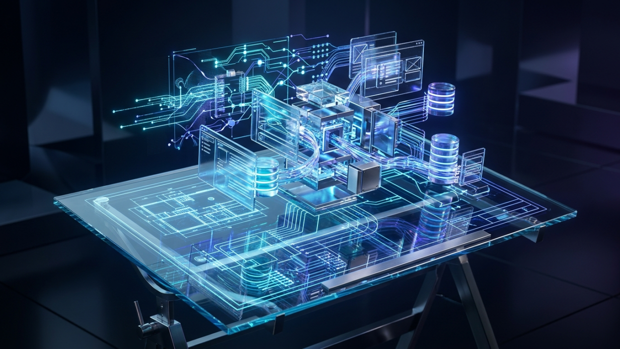 Visualização conceitual em 3D de rápida criação de software por meio de orquestração de inteligência artificial e plantas em Markdown