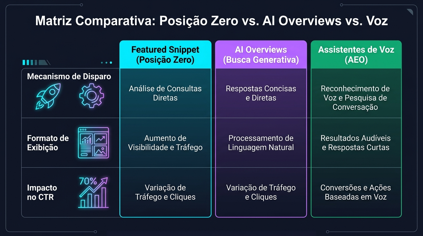 Infográfico de matriz comparativa entre Featured Snippets clássicos, AI Overviews generativas e busca por voz