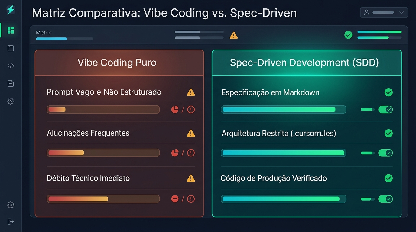 Infográfico de matriz comparativa confrontando as características do Vibe Coding Puro contra o Spec-Driven Development