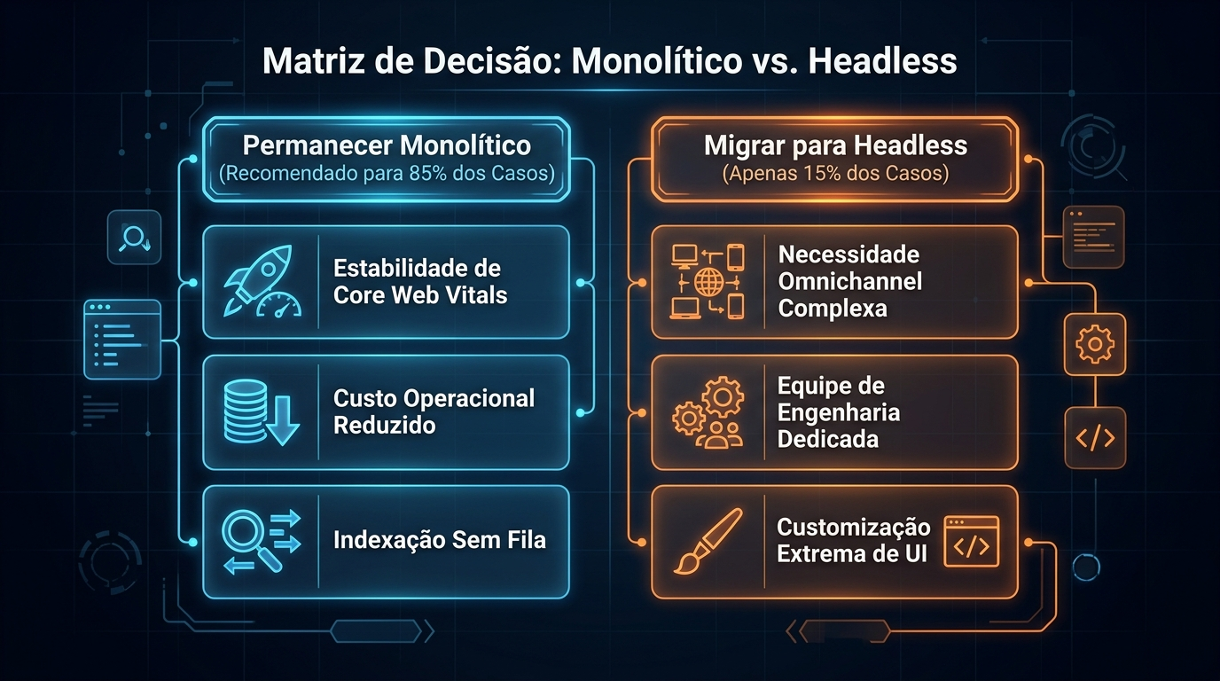 Matriz de decisão estratégica para e-commerce detalhando critérios objetivos para escolha entre Monolítico e Headless