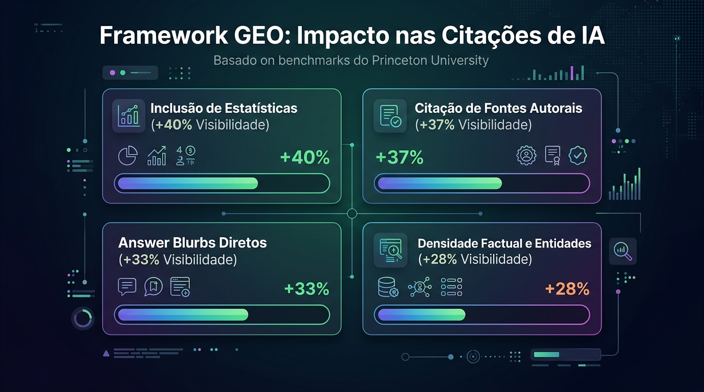 Infográfico técnico comparativo do framework GEO de Princeton detalhando as quatro táticas de maior impacto em citações
