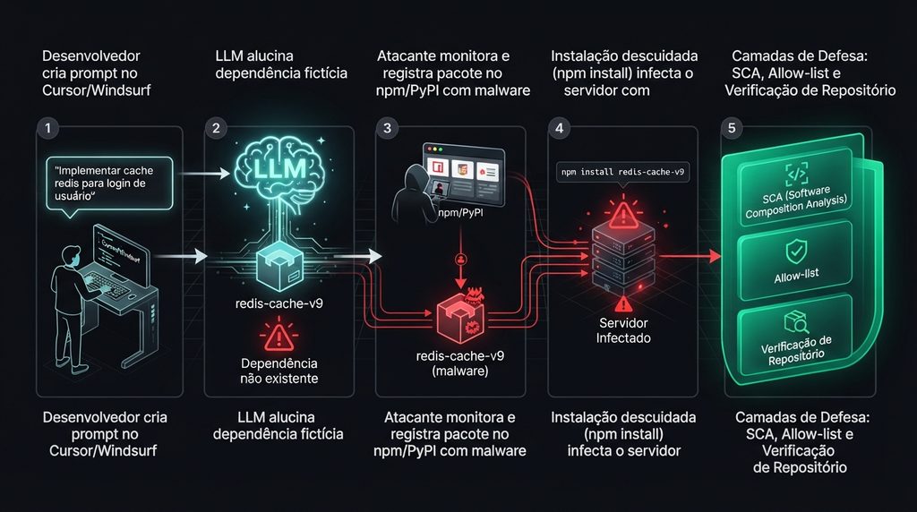 Diagrama explicativo do ataque de Slopsquatting e infecção por pacotes alucinados por IA