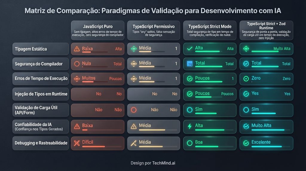 Matriz técnica comparativa de níveis de tipagem e validação runtime em TypeScript