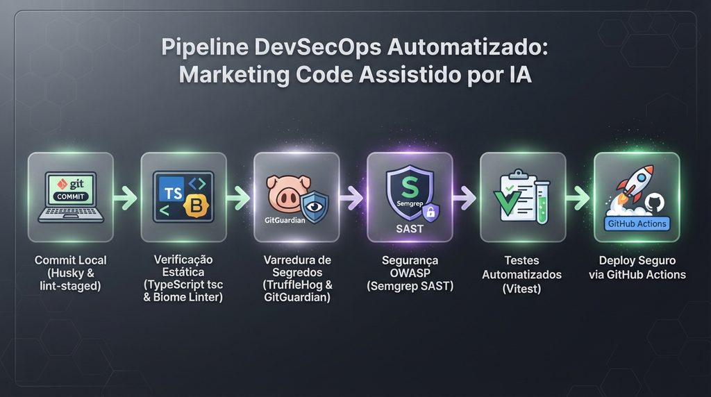 Fluxograma do pipeline DevSecOps com Husky, TruffleHog, Semgrep e GitHub Actions