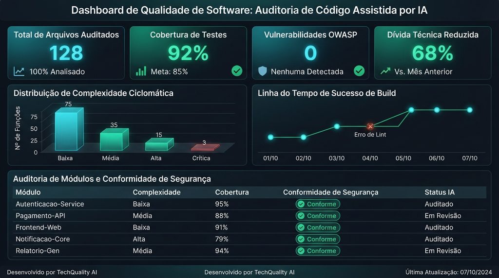 Dashboard executivo de governança de código de IA e conformidade DevSecOps