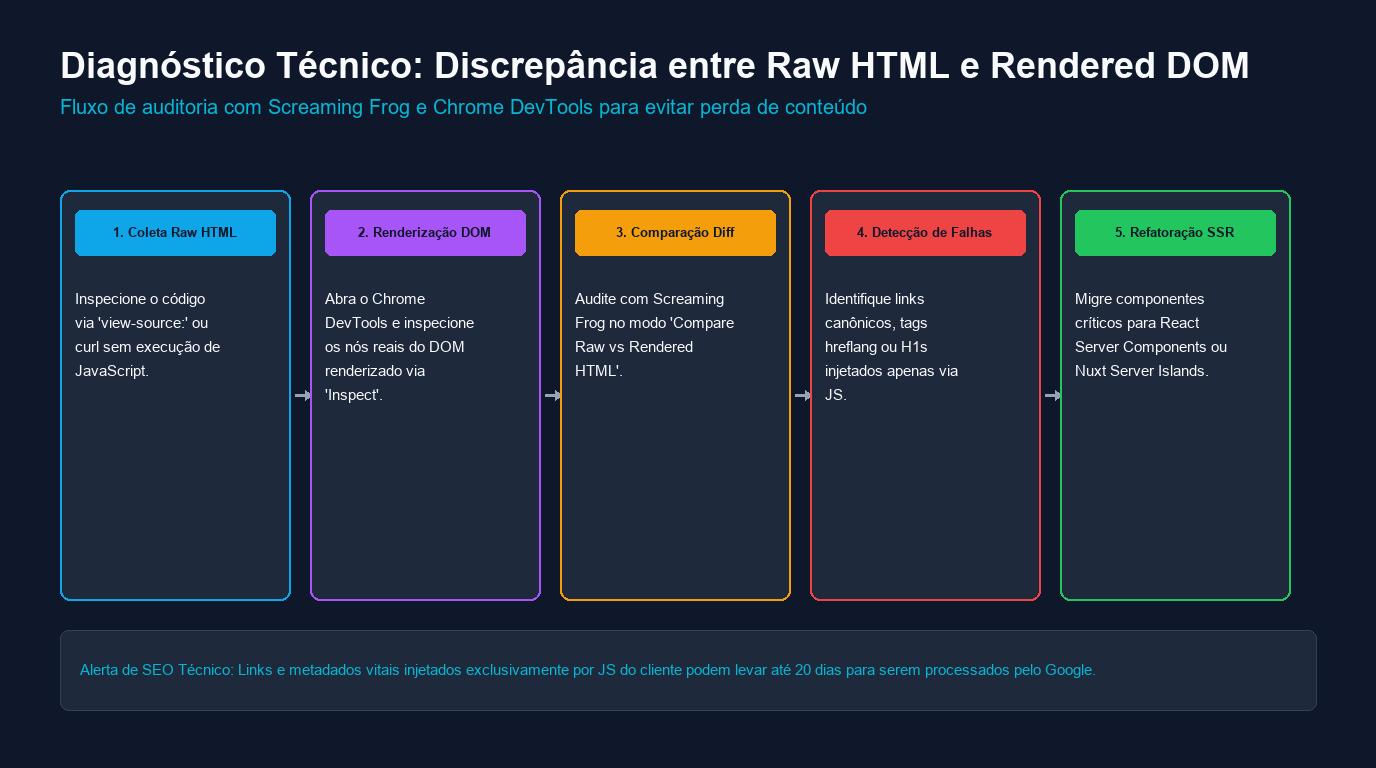 Fluxo operacional de diagnóstico técnico para detecção e correção de discrepâncias entre Raw HTML e Rendered DOM.